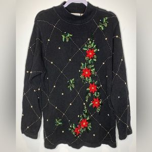 Victoria Jones Poinsettia Christmas Sweater Vintage Beaded & Warm | Blac…